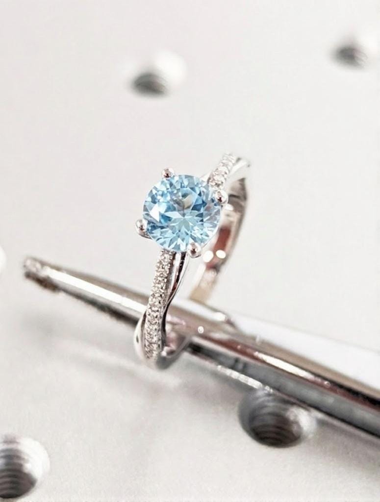 0.5-4ct Lab Aquamarine Ring, 14K White Gold, Round Cut Pave Side Diamond Engagement Ring, March Birthstone Jewelry, Wedding Anniversary Ring