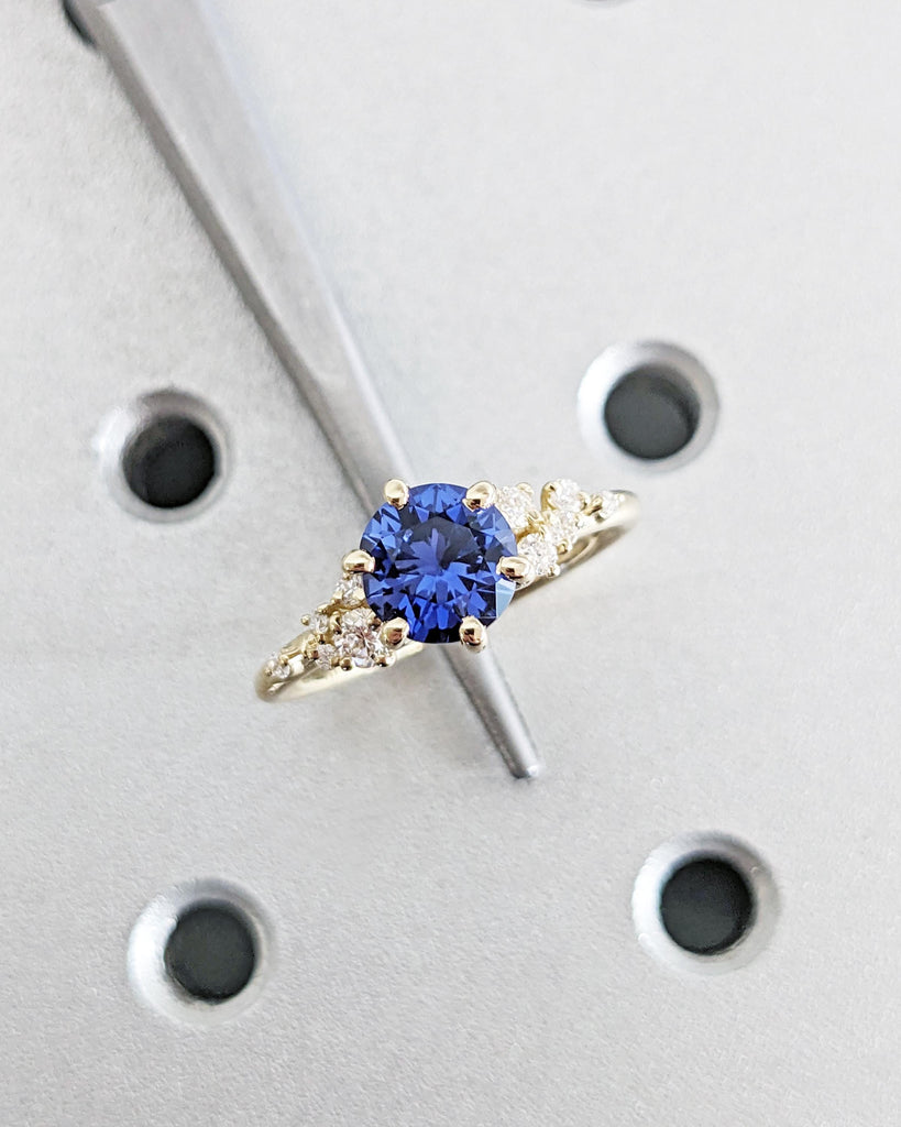 Vintage Blue Sapphire 14K Yellow Gold Engagement Ring, Unique Snowdrift 6 Prong Diamond Cluster Promise Ring, Blue Sapphire and Diamond Ring image #4