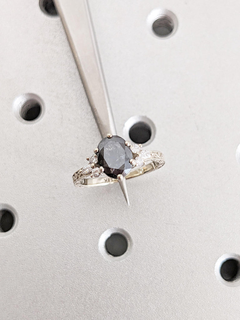 Oval Salt and Pepper Diamond Engagement Ring