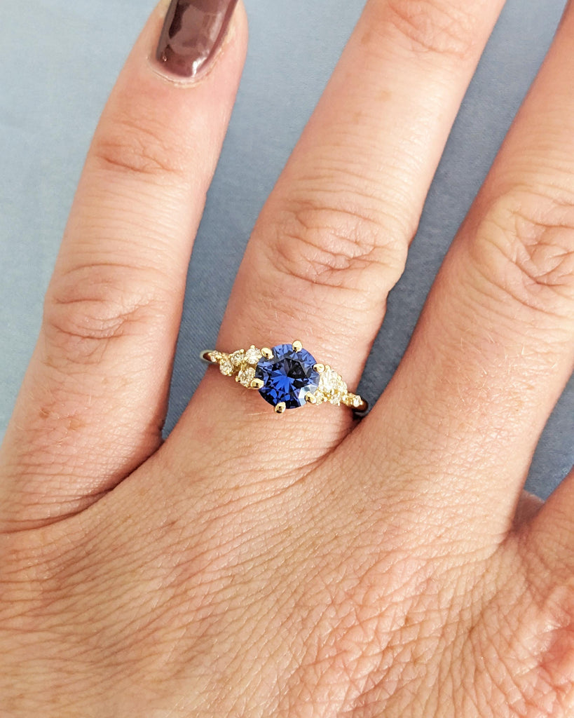 Vintage Blue Sapphire 14K Yellow Gold Engagement Ring, Unique Snowdrift 6 Prong Diamond Cluster Promise Ring, Blue Sapphire and Diamond Ring image #10