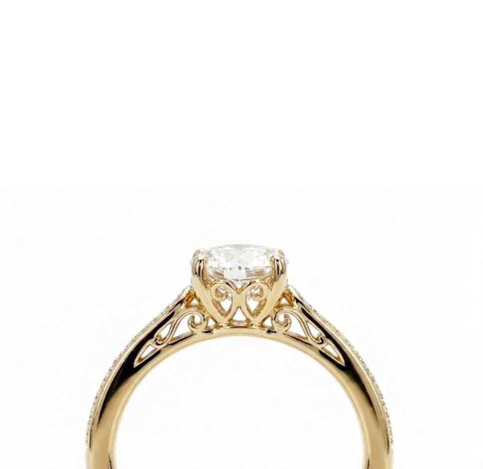 Vintage Round Lab Diamond Engagement Ring, 14K Yellow Gold Cathedral Setting, Pave Diamond Wedding Band