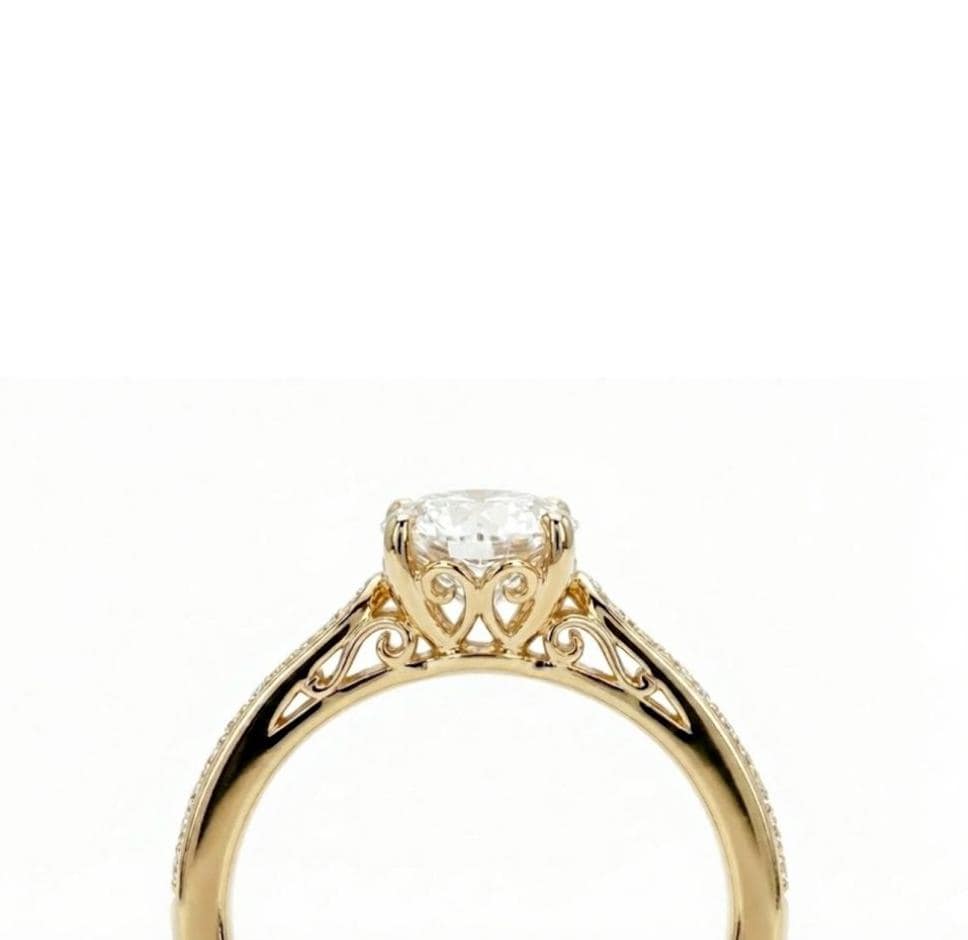 14K Yellow Gold Moissanite Engagement Ring, Vintage Cathedral Style, Round Cut Diamond Pavé Wedding Band, Christmas Gift, Jewelry For Her