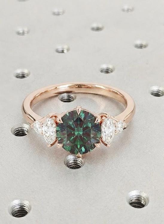 Teal Sapphire Engagement Ring, Round Natural Peacock Sapphire Wedding Band, Rose Gold Marquise Cut Diamond Anniversary, Libra Birthstone