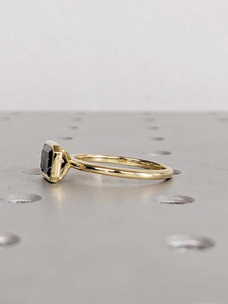 East West Bezel Ring, Emerald Cut Salt and Pepper Diamond Engagement Ring, 14k Yellow Gold Solitaire Rings, Dainty Promise Ring for Her image #10