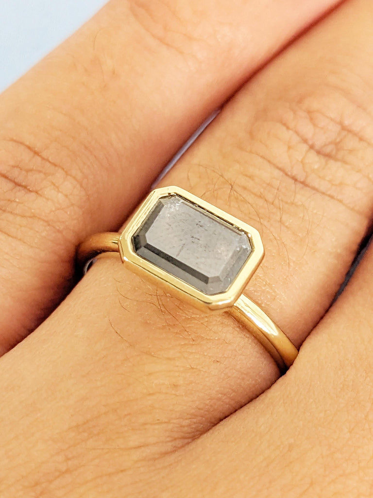 East West Bezel Ring, Emerald Cut Salt and Pepper Diamond Engagement Ring, 14k Yellow Gold Solitaire Rings, Dainty Promise Ring for Her image #8