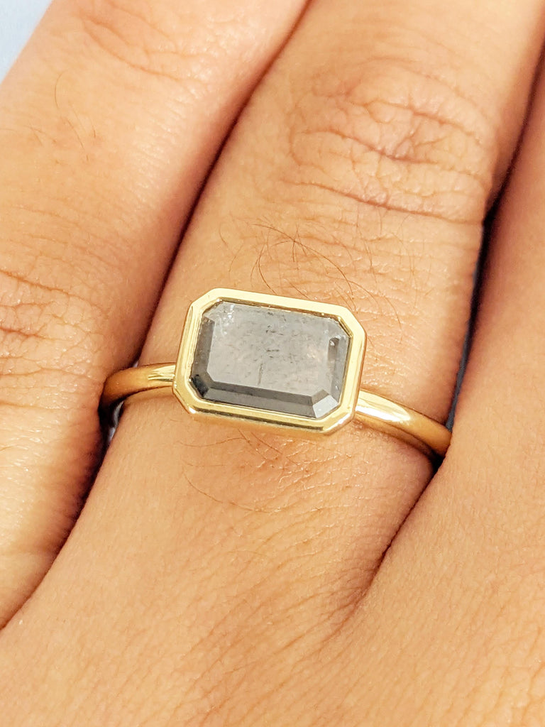 East West Bezel Ring, Emerald Cut Salt and Pepper Diamond Engagement Ring, 14k Yellow Gold Solitaire Rings, Dainty Promise Ring for Her image #11