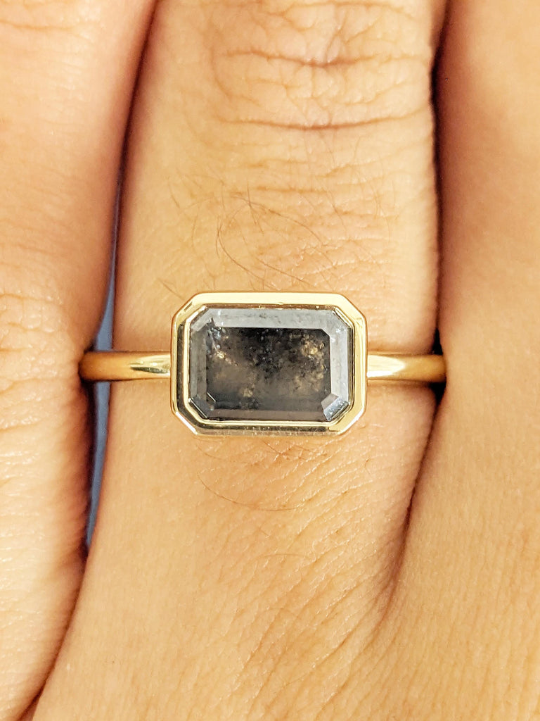 East West Bezel Ring, Emerald Cut Salt and Pepper Diamond Engagement Ring, 14k Yellow Gold Solitaire Rings, Dainty Promise Ring for Her image #3