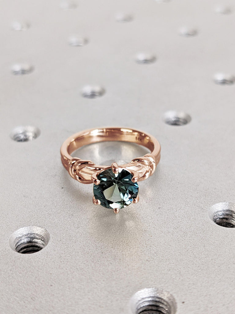 1ct Sapphire Ring, Natural Peacock Sapphire Engagement Ring, September Birthstone Jewelry, 14K Rose Gold Ring, Twist Knot Band, Promise Ring image #2
