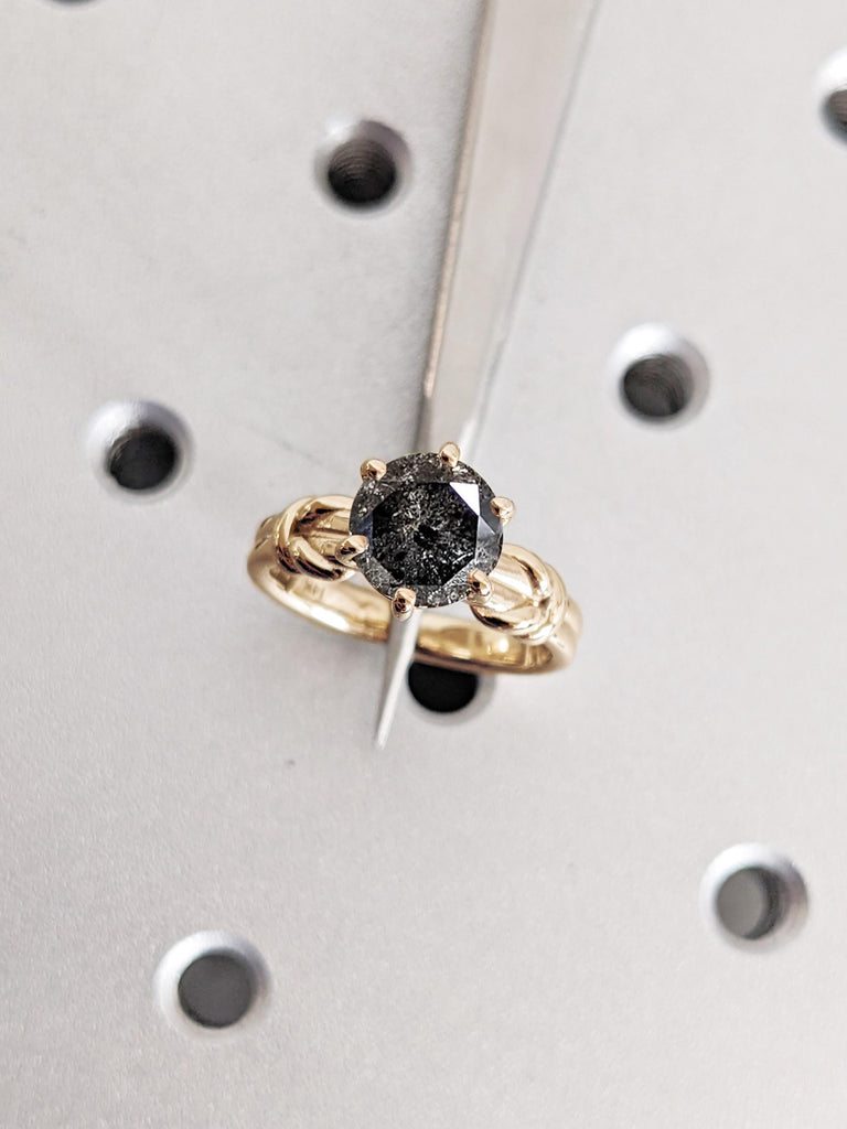 Round Cut Salt and Pepper Diamond Ring, 14K Yellow Gold Twist Ring, Vintage Engagement Ring, Rings For Women, Statement Rings, Wedding Rings