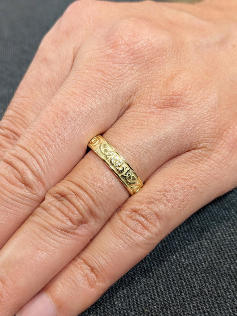 Gold Celtic Claddagh Wedding Band, 14K Yellow Gold Trinity Knot Ring, Smooth Rounded Men's Engagement