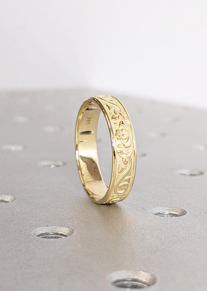 Gold Celtic Claddagh Wedding Band, 14K Yellow Gold Trinity Knot Ring, Smooth Rounded Men's Engagement