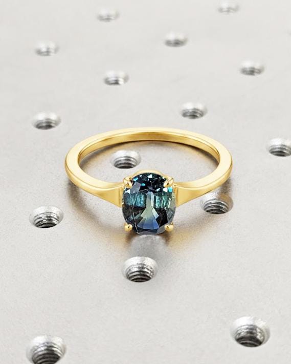 Blue Green Sapphire Engagement Ring: Oval Cut 0.5ct Teal Sapphire Gemstone Ring, 14k Solid Gold, Tapered Shank Ring image #2