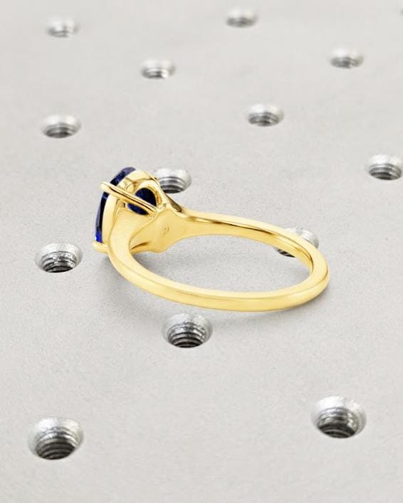 Oval Blue Sapphire Ring | Lab Sapphire Oval Engagement Ring | 14K Yellow Gold Blue Gemstone Ring | September Birthstone | Tapered Shank Ring image #3