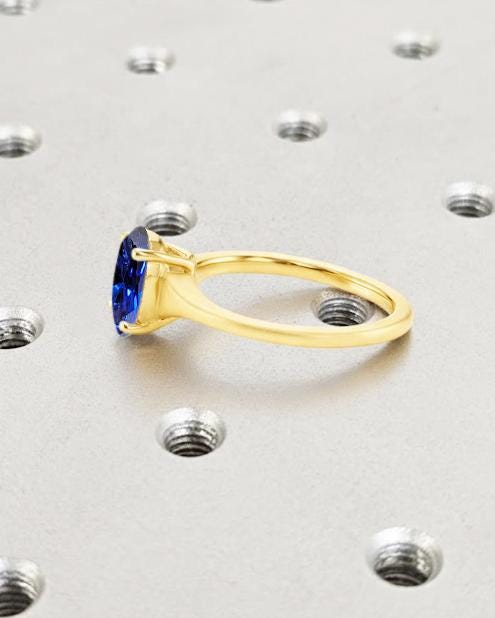 Oval Blue Sapphire Ring | Lab Sapphire Oval Engagement Ring | 14K Yellow Gold Blue Gemstone Ring | September Birthstone | Tapered Shank Ring image #4