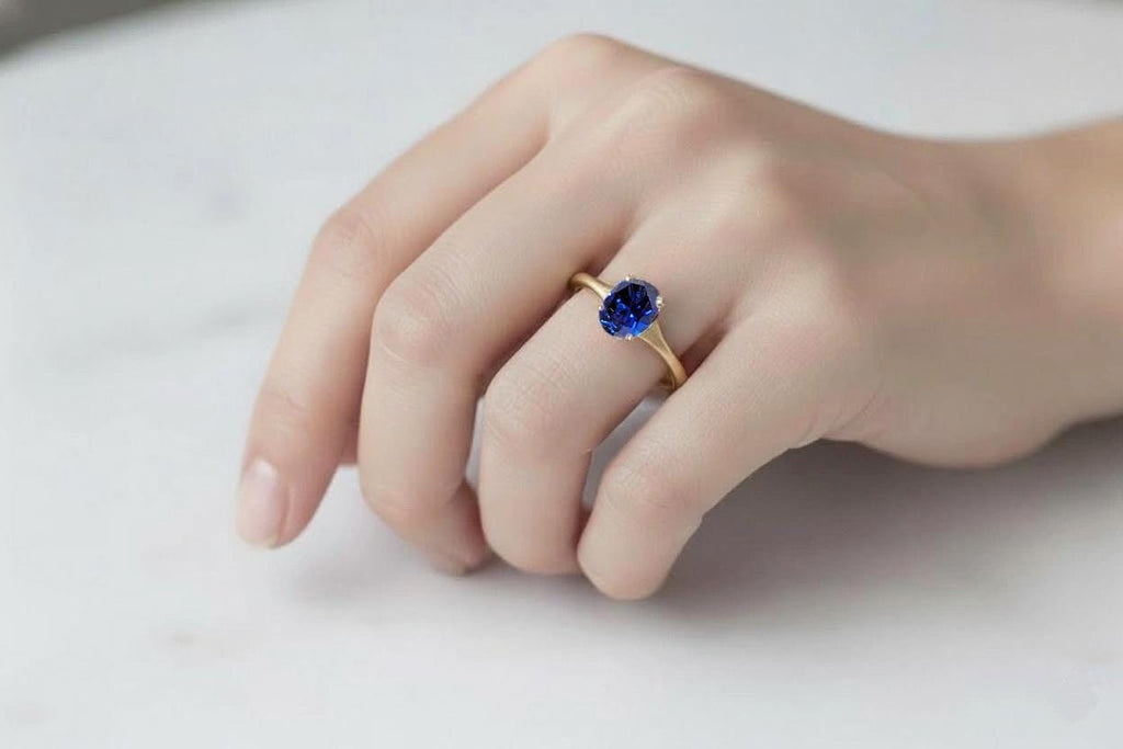 Oval Blue Sapphire Ring | Lab Sapphire Oval Engagement Ring | 14K Yellow Gold Blue Gemstone Ring | September Birthstone | Tapered Shank Ring image #5