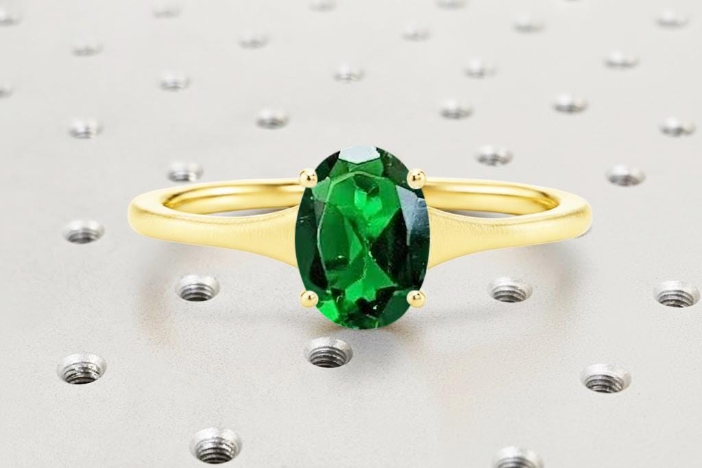 Oval Emerald Ring | Solitaire Lab Emerald Engagement Ring | Solid Gold Green Gemstone Ring | May Birthstone Promise Ring Gift | Tapered Ring image #2