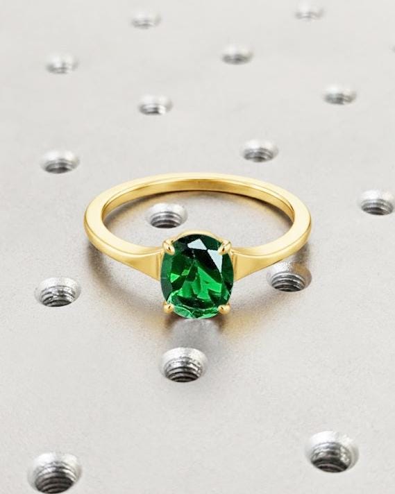 Oval Emerald Engagement Ring, Lab Simulated Emerald Solitaire, 14K Solid Gold Green Gemstone Promise Ring, Tapered Shank image #2