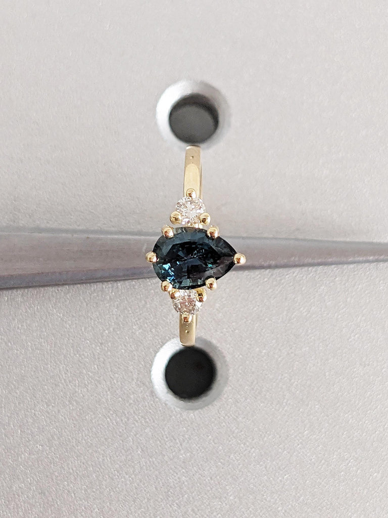 1ct Teal Green Sapphire Engagement Ring, Vintage Peacock Sapphire Pear Cut Wedding Band, Teardrop Birthstone Jewelry image #12