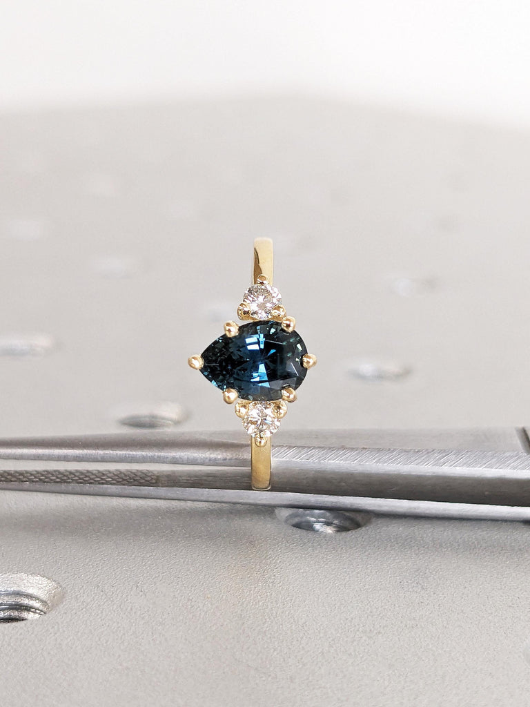 14K Yellow Gold Pear Peacock Sapphire Ring, Art Deco Teal Sapphire Engagement Ring, Three Stone Wedding Ring, Custom Gold Vintage Ring image #9