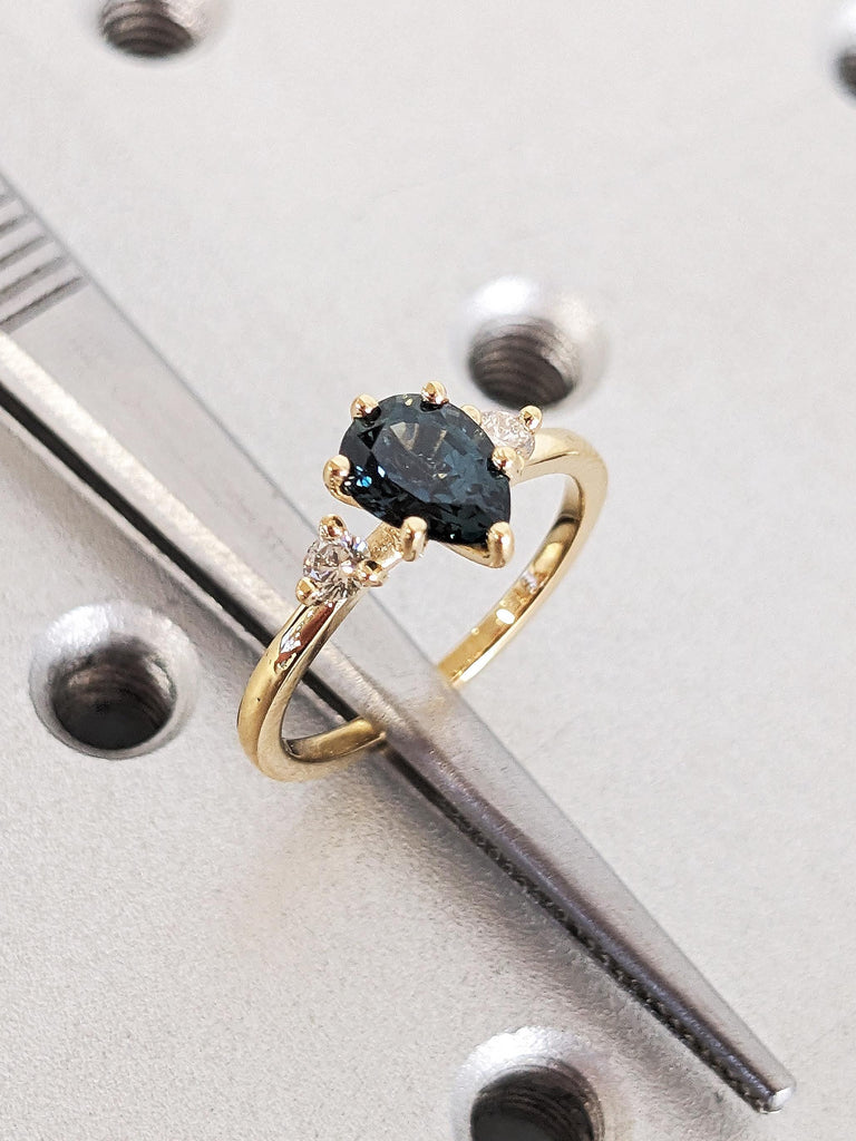 1ct Teal Green Sapphire Engagement Ring, Vintage Peacock Sapphire Pear Cut Wedding Band, Teardrop Birthstone Jewelry image #9