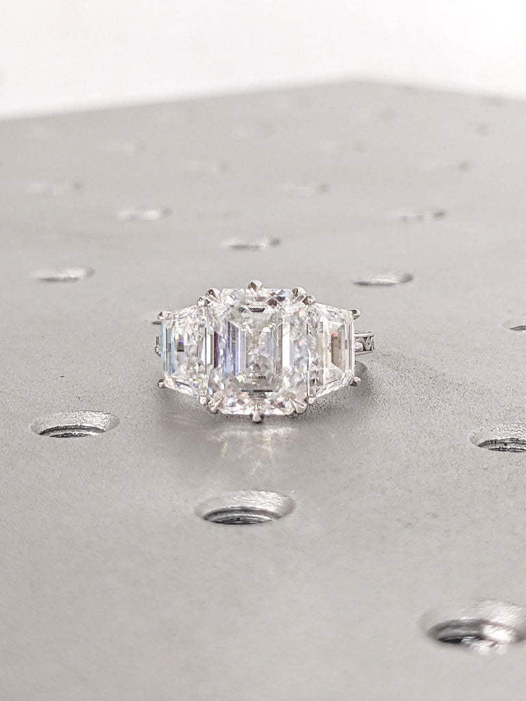 Emerald Cut Moissanite Ring, 14k White Gold Statement Rings for Women, Trapezoid Cut Diamond, Three Stone Engagement Ring, Bridal Jewelry