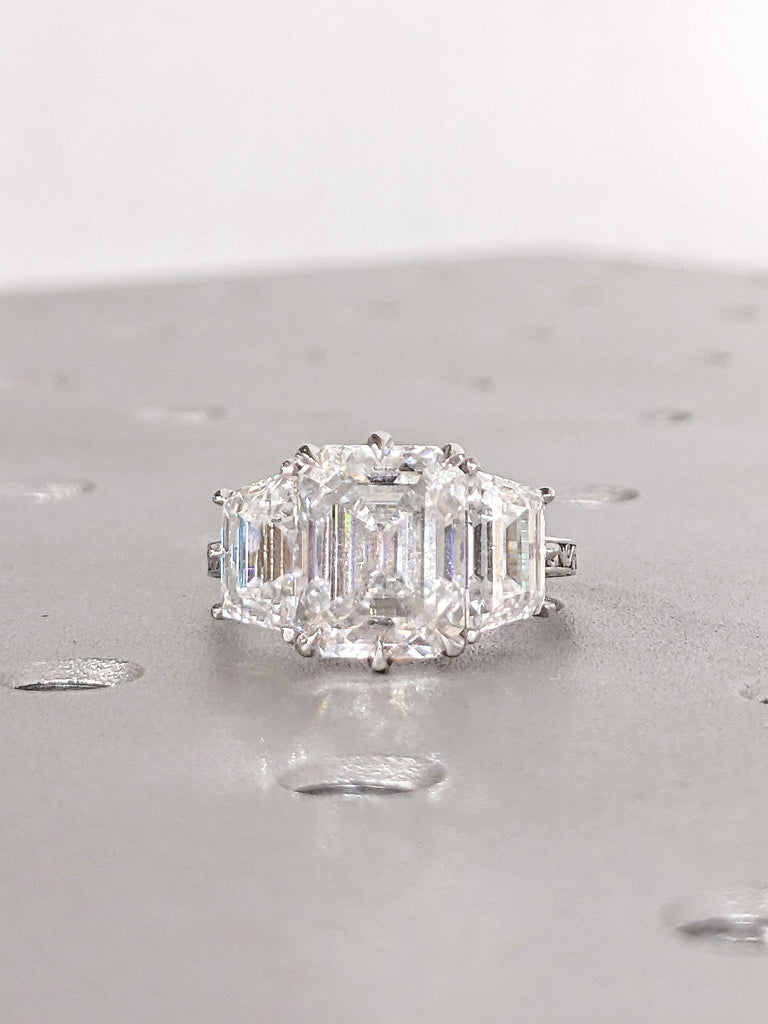 Emerald Cut Moissanite Ring, 14k White Gold Statement Rings for Women, Trapezoid Cut Diamond, Three Stone Engagement Ring, Bridal Jewelry