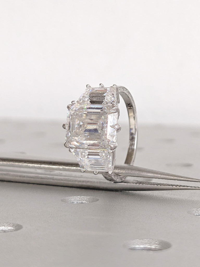 Emerald Cut Moissanite Ring, 14k White Gold Statement Rings for Women, Trapezoid Cut Diamond, Three Stone Engagement Ring, Bridal Jewelry