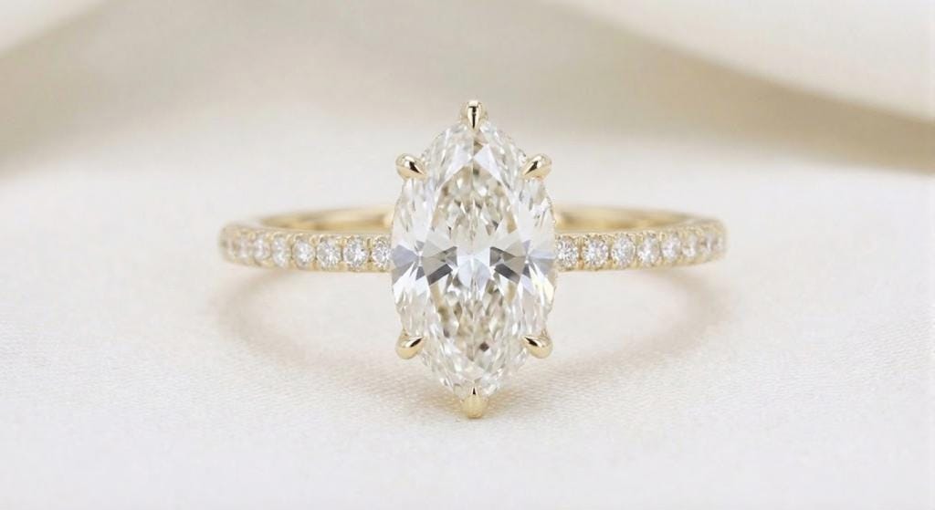 Marquise Lab Grown Diamond Engagement Ring, Diamond Hidden Halo Solitaire, IGI Certified D color VVS2 Clarity, 14k Yellow Gold Proposal Ring