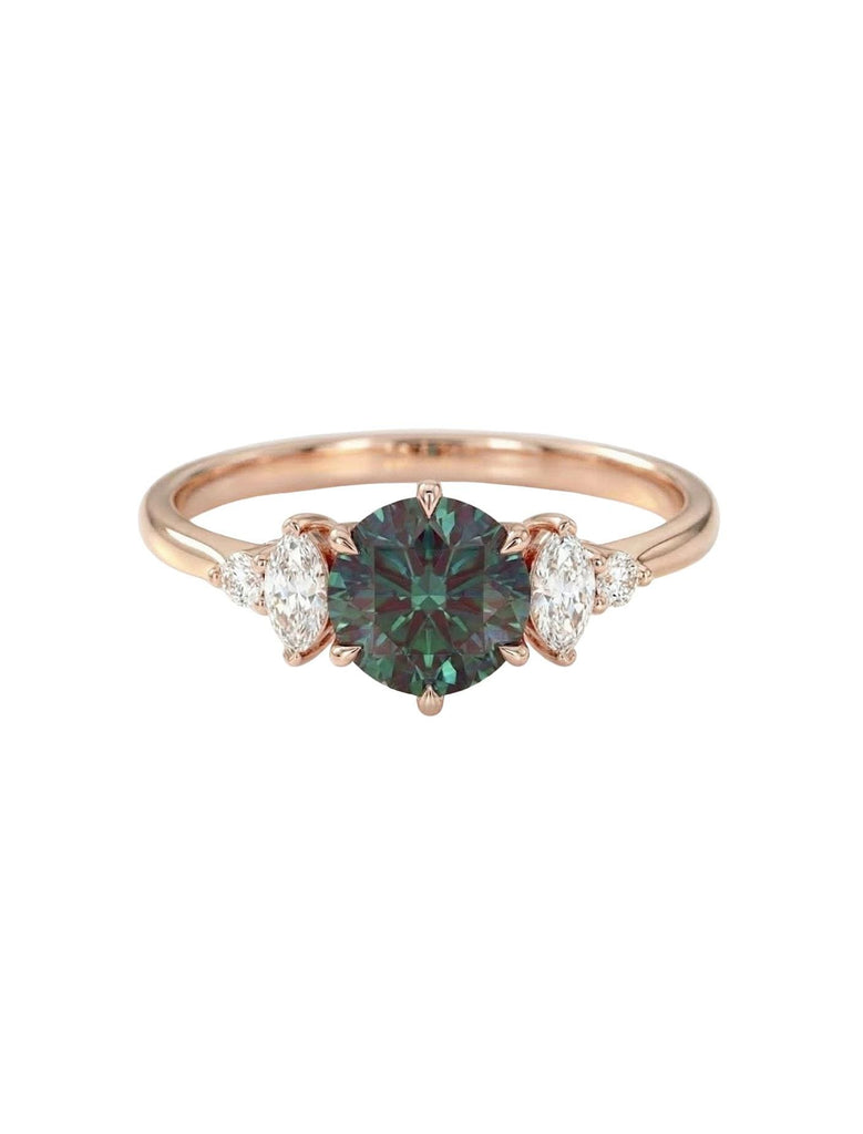 Round Peacock Sapphire Engagement Ring, 14K Rose Gold Ring, Art Deco Ring, Green Sapphire Gemstone Ring, Rose Gold Ring, Birthstone Jewelry image #2