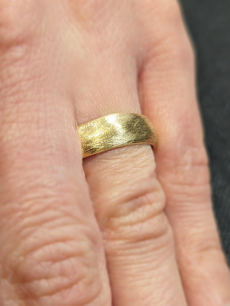 Cool Mens Wedding Bands | Solid Yellow Gold Cigar Band | 6MM Wide Manly Bands | Scratched Facet Gold Wedding Rings