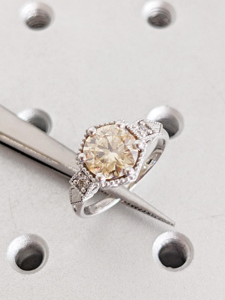 0.5-4ct Round Cut Moissanite Engagement Rings, 14K/18K Gold Vintage Yellow Moissanite Ring, White Gold Milgrain Wedding Band, Bridal Jewelry