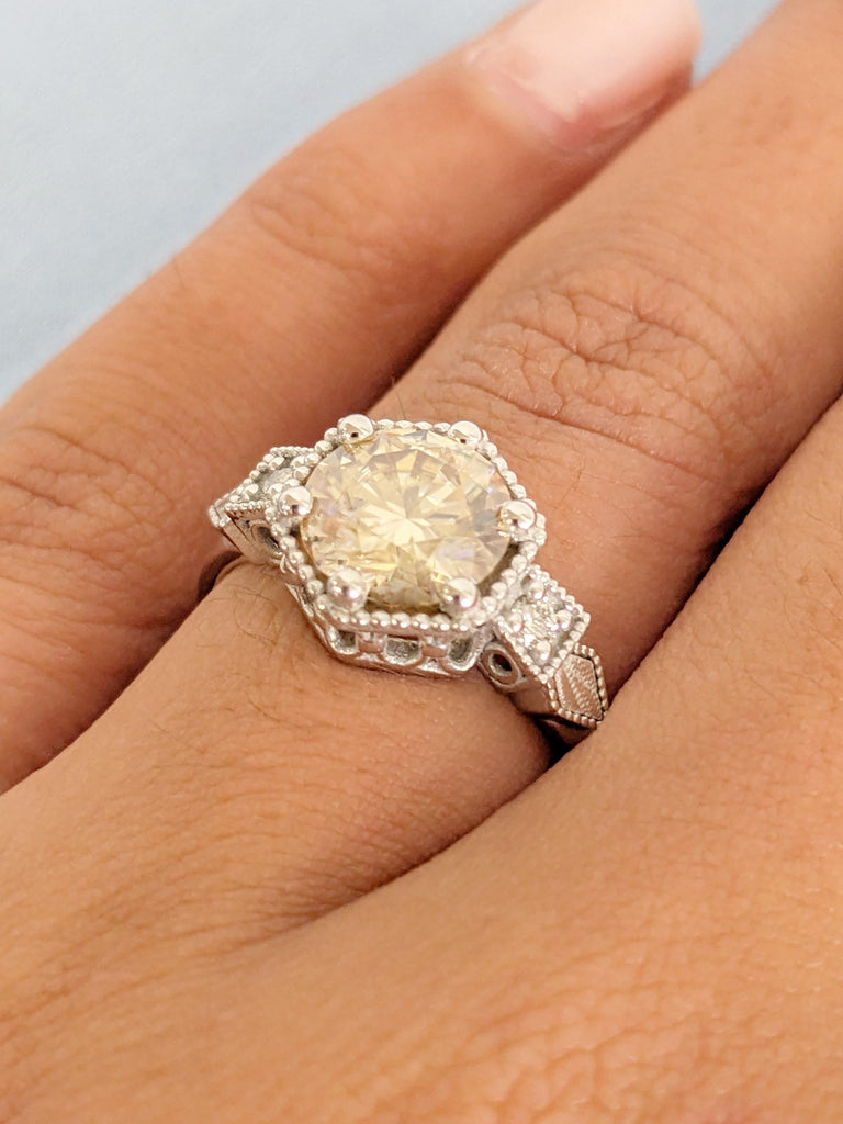 0.5-4ct Round Cut Moissanite Engagement Rings, 14K/18K Gold Vintage Yellow Moissanite Ring, White Gold Milgrain Wedding Band, Bridal Jewelry