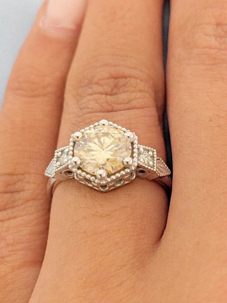 0.5-4ct Round Cut Moissanite Engagement Rings, 14K/18K Gold Vintage Yellow Moissanite Ring, White Gold Milgrain Wedding Band, Bridal Jewelry