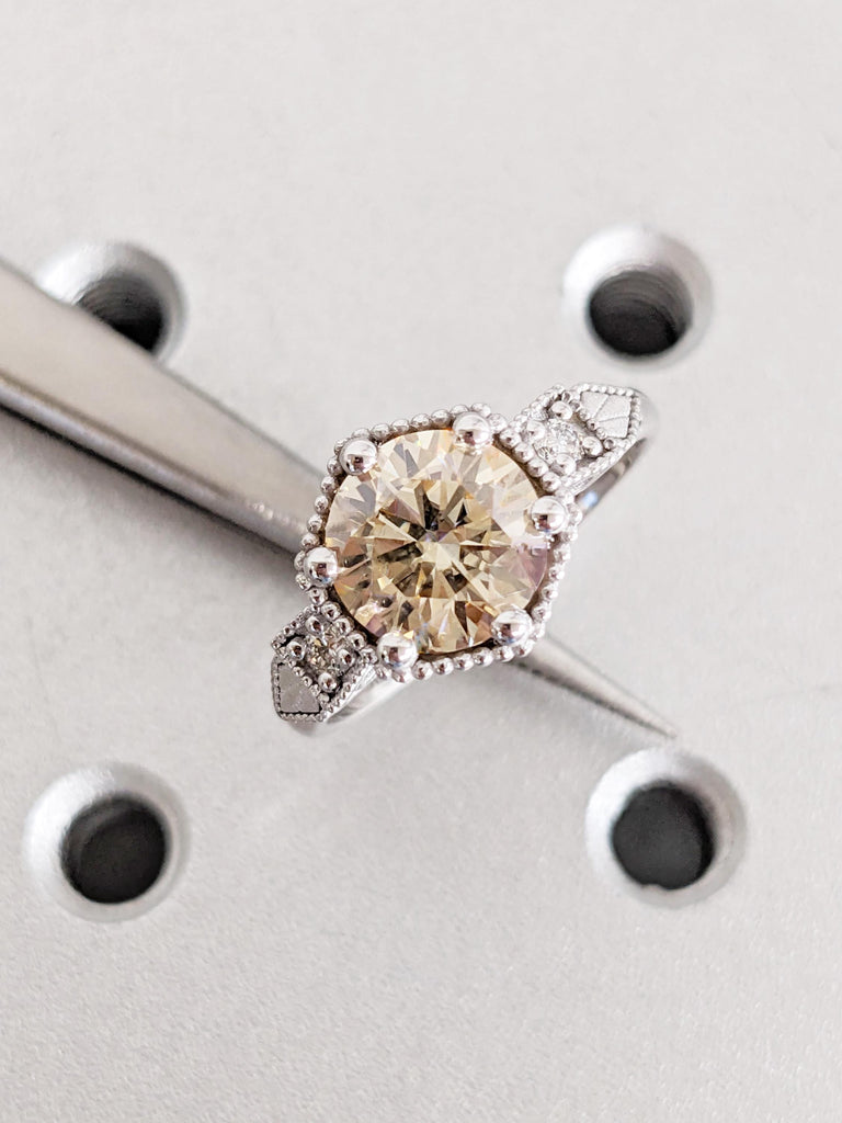 0.5-4ct Round Cut Moissanite Engagement Rings, 14K/18K Gold Vintage Yellow Moissanite Ring, White Gold Milgrain Wedding Band, Bridal Jewelry