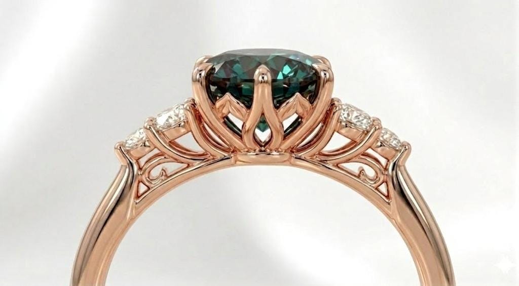 14k Rose Gold Green Sapphire Engagement Ring for Women | Tulip Setting Diamond Promise Ring | Nature Inspired Wedding Ring