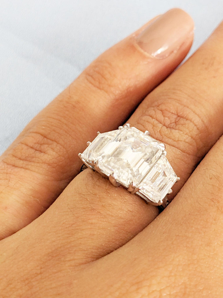 Lab Grown Diamond Engagement Ring, Trapezoid, Emerald Cut Three Stone Ring, Art Deco 14k White Gold Wedding Rings, Personalized Jewelry image #8