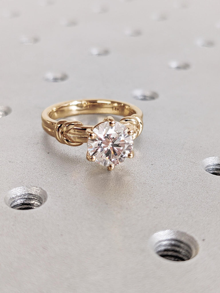 Engagement Moissanite Ring, Yellow Gold Moissanite Anniversary Ring, Round 14K/18K Solid Gold Tie Knot Ring, Unique Solitaire Statement Ring image #3