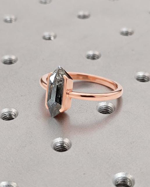 14k Rose Gold Elongated Hexagon Diamond Ring | Salt and Pepper Black Diamond | Unique Half Bezel set Solitaire Diamond Engagement Ring image #3