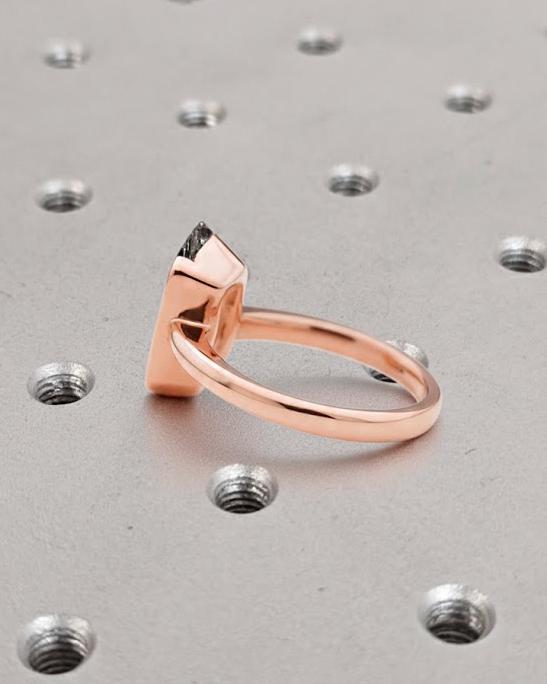14k Rose Gold Elongated Hexagon Diamond Ring | Salt and Pepper Black Diamond | Unique Half Bezel set Solitaire Diamond Engagement Ring image #4