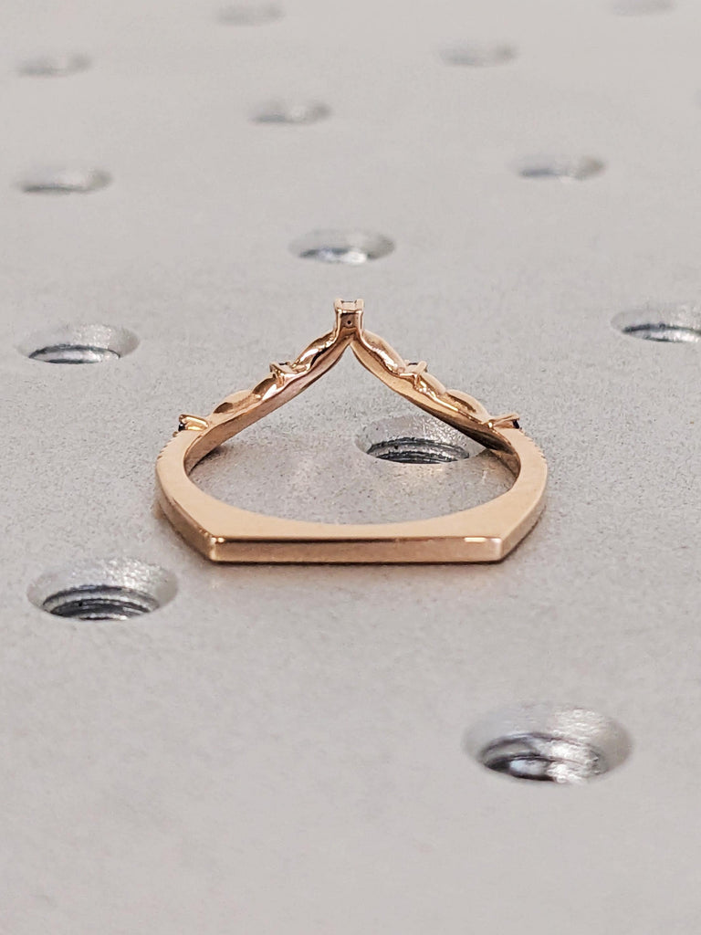 Blue Sapphire Matching Band, 14K Solid Rose Gold Flat Bottom Rings, V Shaped Diamond Stacking Engagement Ring, Thin European Shank