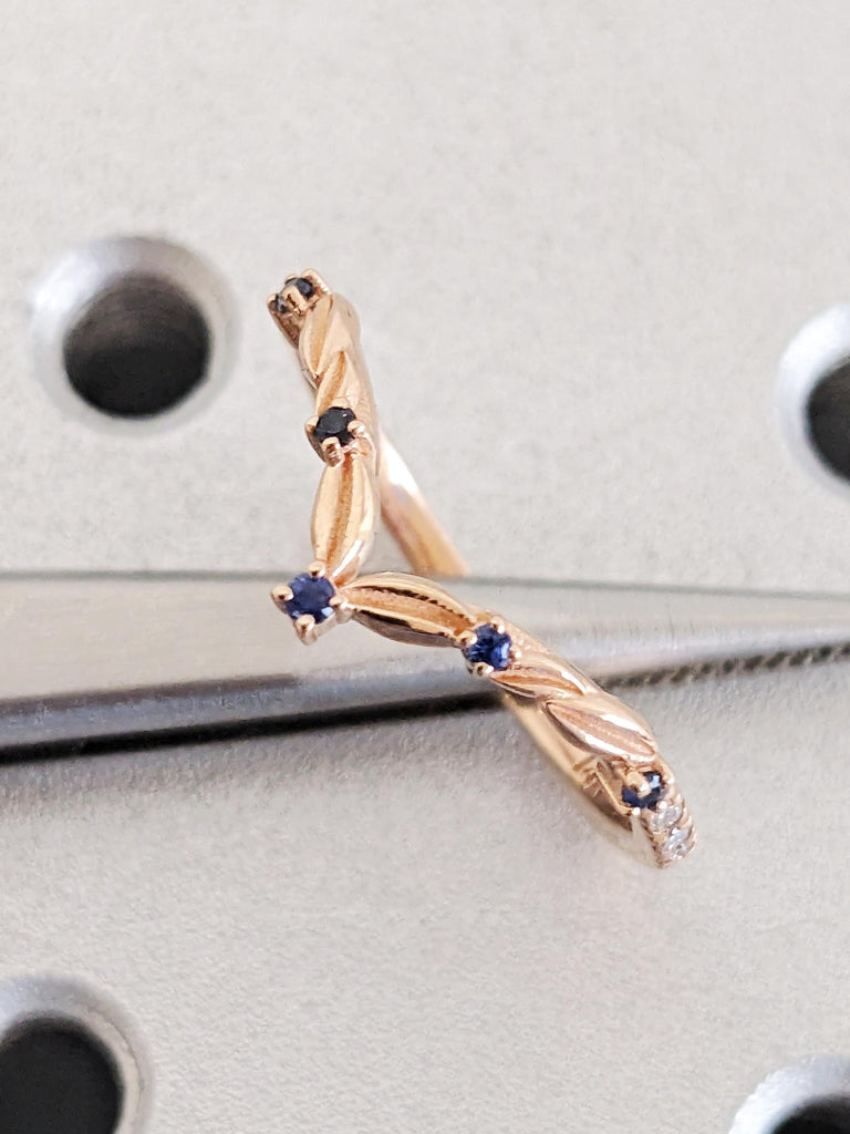 Blue Sapphire Matching Band, 14K Solid Rose Gold Flat Bottom Rings, V Shaped Diamond Stacking Engagement Ring, Thin European Shank