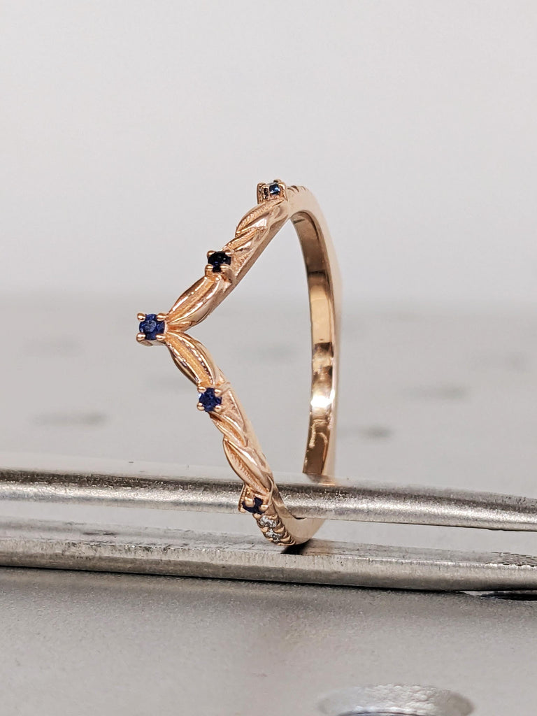 Blue Sapphire Matching Band, 14K Solid Rose Gold Flat Bottom Rings, V Shaped Diamond Stacking Engagement Ring, Thin European Shank