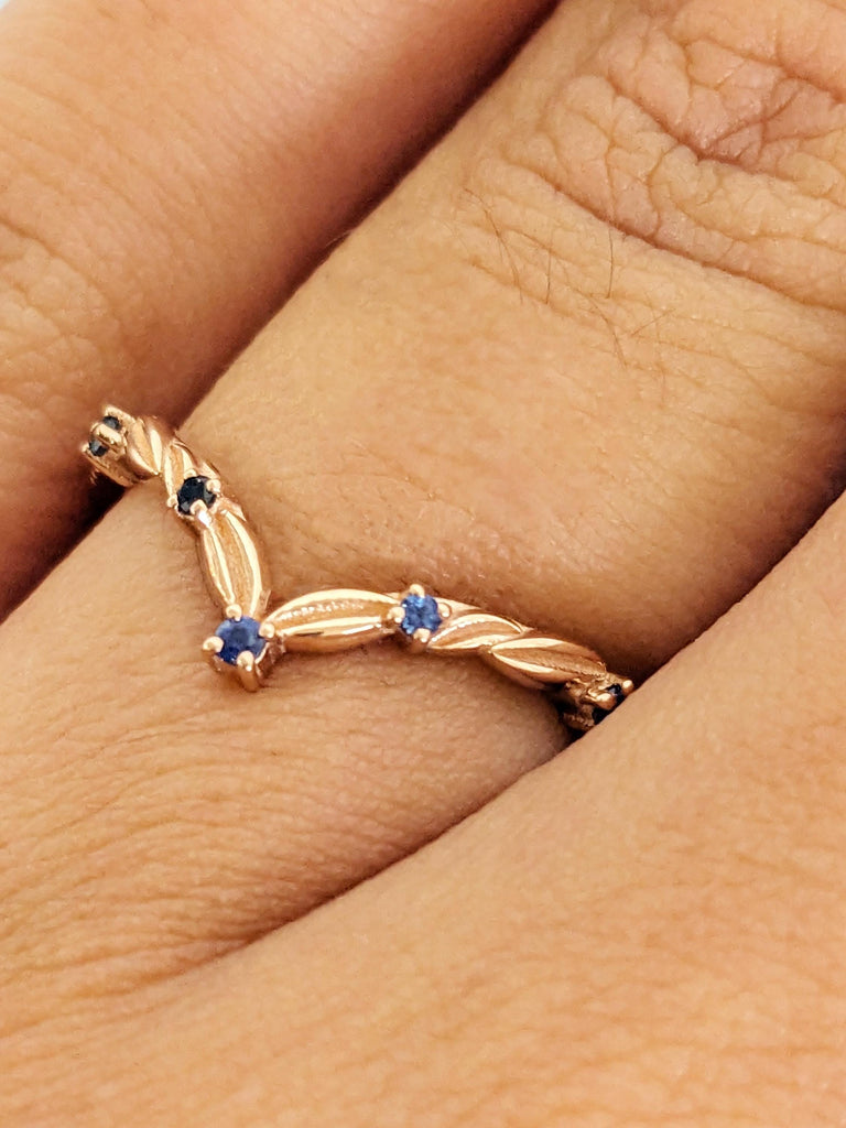 Blue Sapphire Matching Band, 14K Solid Rose Gold Flat Bottom Rings, V Shaped Diamond Stacking Engagement Ring, Thin European Shank
