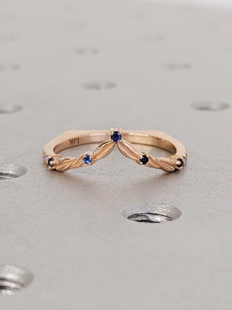 Blue Sapphire Matching Band, 14K Solid Rose Gold Flat Bottom Rings, V Shaped Diamond Stacking Engagement Ring, Thin European Shank