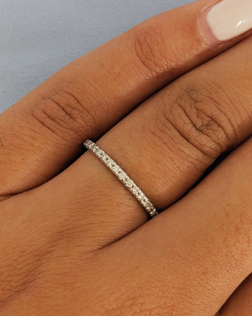 18K White Gold French Pave Diamond Wedding Band, Dainty Diamond Matching Engagement Ring, Stackable Jewelry