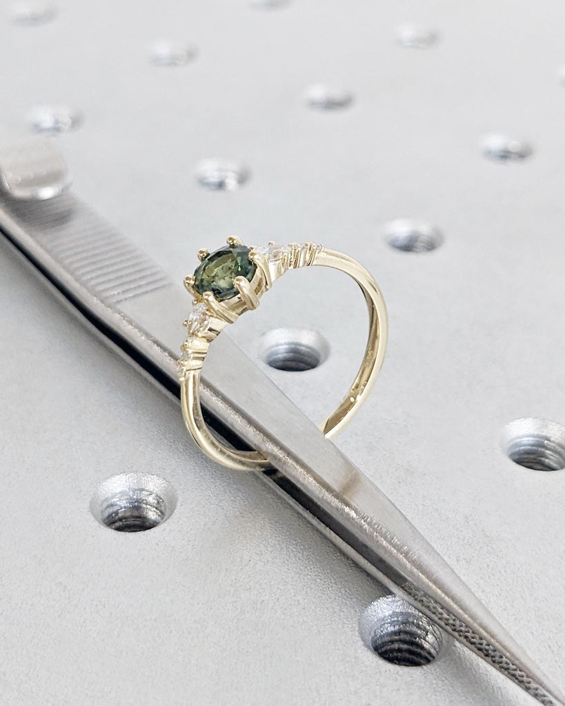 Art Deco Montana Teal Sapphire Ring, Round Cut Green Sapphire, 14K Solid Gold Engagement Ring, Diamond Cluster Wedding Ring image #4