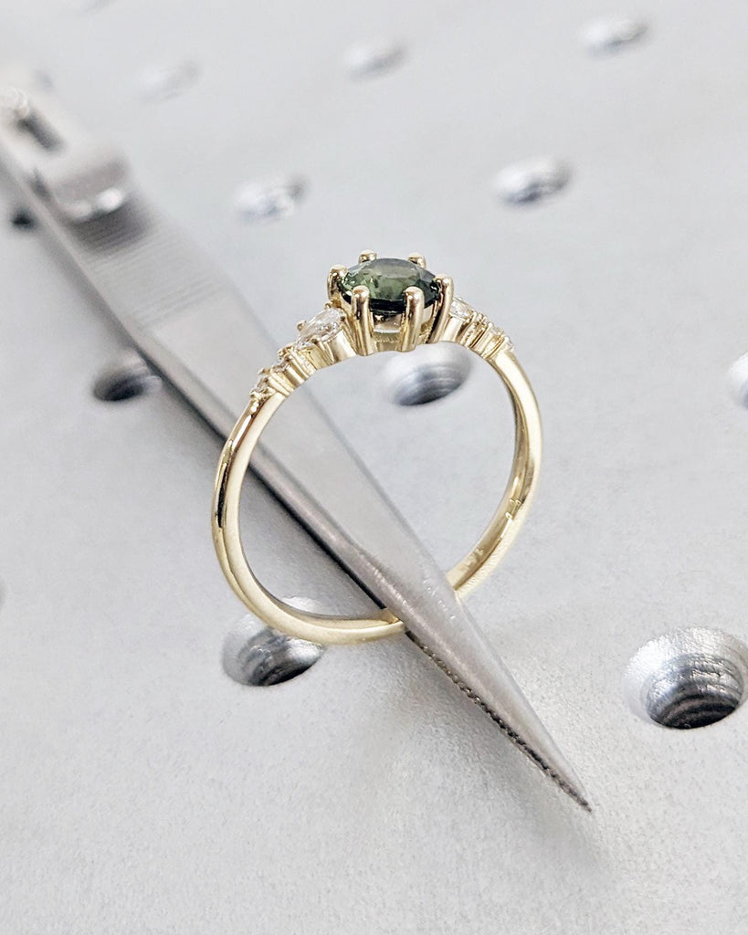 Art Deco Montana Teal Sapphire Ring, Round Cut Green Sapphire, 14K Solid Gold Engagement Ring, Diamond Cluster Wedding Ring image #5