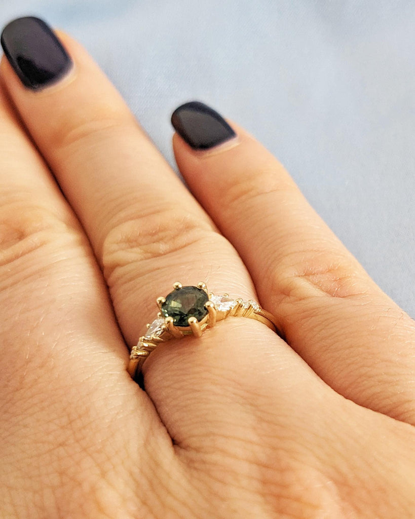 Art Deco Montana Teal Sapphire Ring, Round Cut Green Sapphire, 14K Solid Gold Engagement Ring, Diamond Cluster Wedding Ring image #9