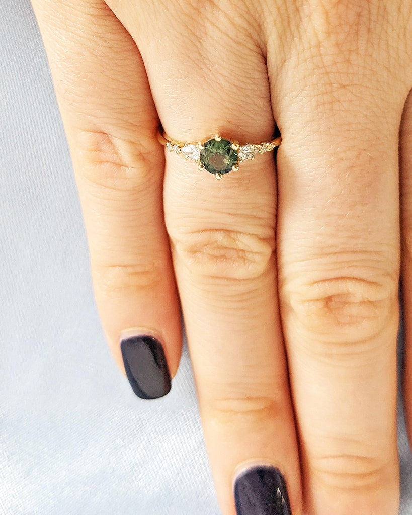 Art Deco Montana Teal Sapphire Ring, Round Cut Green Sapphire, 14K Solid Gold Engagement Ring, Diamond Cluster Wedding Ring image #2