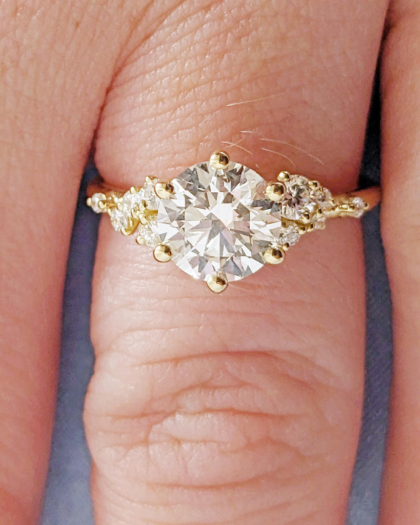 Round cut VVS Moissanite Art Deco Engagement Ring, Unique Snowdrift Diamond Cluster Ring, 14k Solid Gold